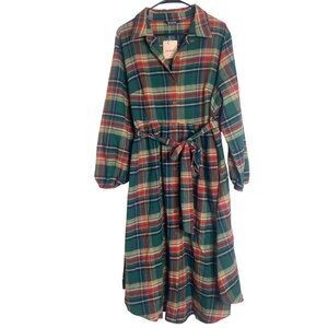 NWT Bloomchic Midi Dress Size 14/16 Red Green Plaid Flannel Belted